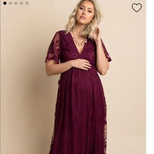 PinkBlush Deep Burgundy Lace Mesh Overlay Maternity Maxi Dress